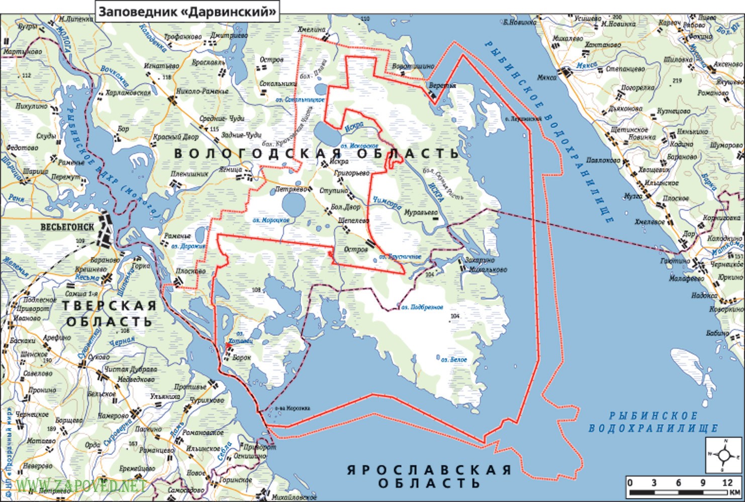 Дарвинский заповедник Вологодской области на карте