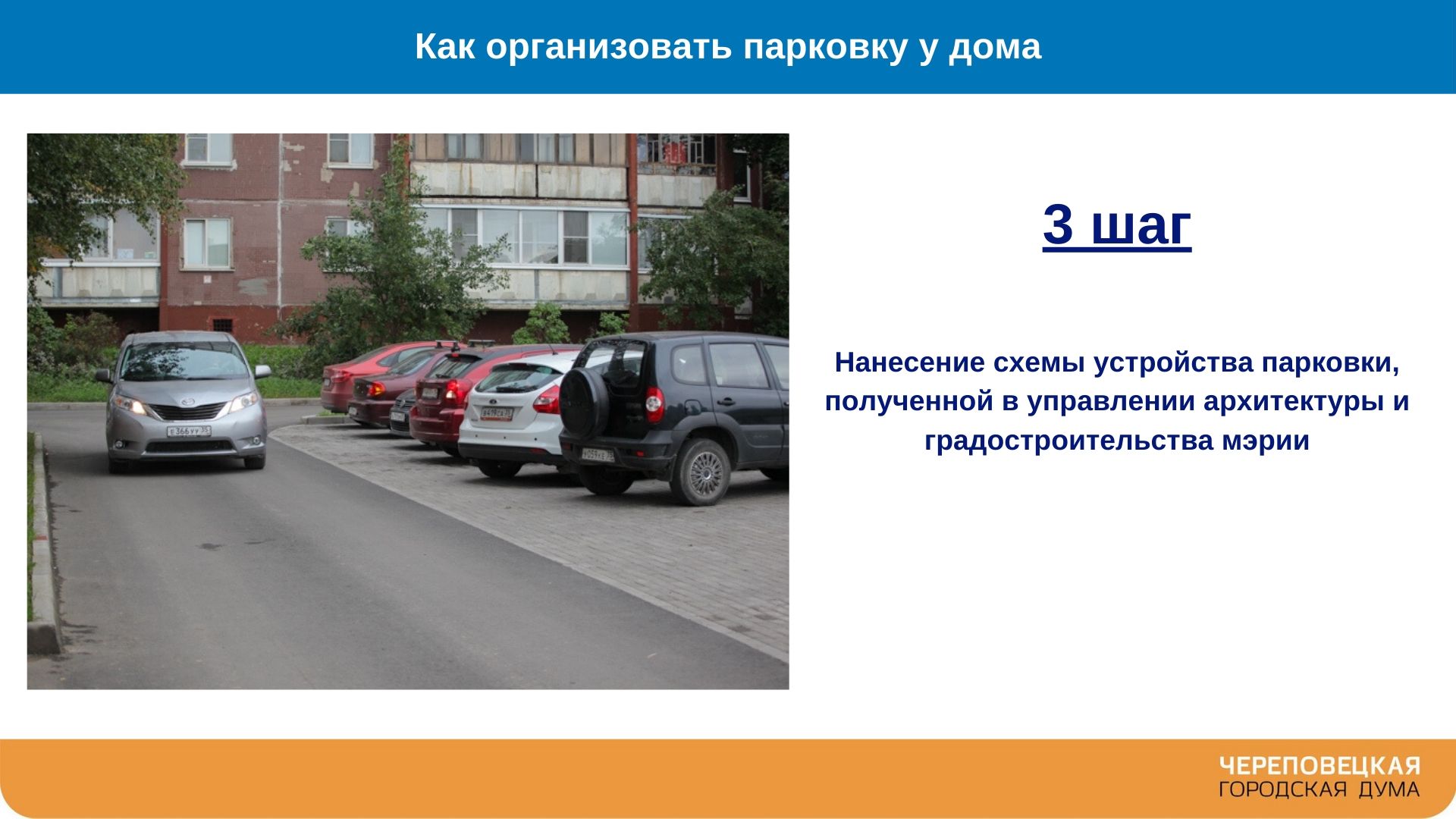 Как жителям многоквартирного дома организовать парковку у дома? С чего  начать и какие документы необходимы? Ответы на эти вопросы в карточках  Череповецкой городской Думы