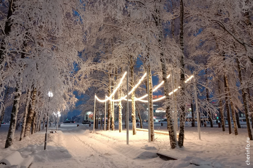 зима, снег, фонари, сквер Гоголя, скамейки